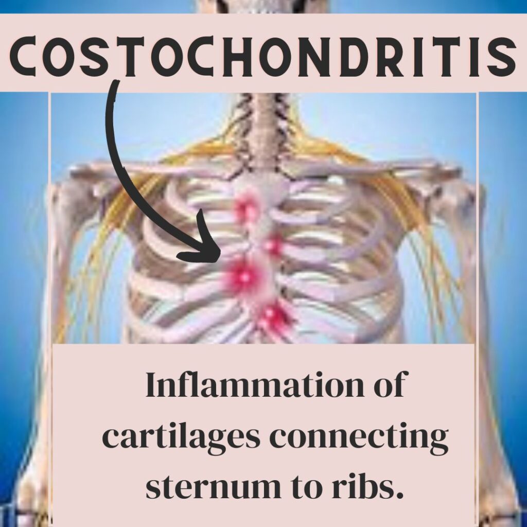 Costochondritis as the cause of middle chest pain somewhat to right or left.